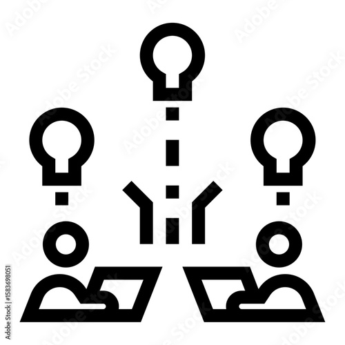 Icono de lluvia de ideas. Creatividad colectiva y participación activa. Grupo de personas y varias bombillas flotando. Ilustración vectorial