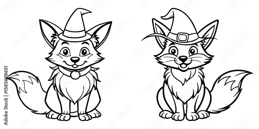 Fototapeta premium Cute fox Halloween silhouettes and icons. Black flat color simple elegant fox animal outline vector and illustration.
