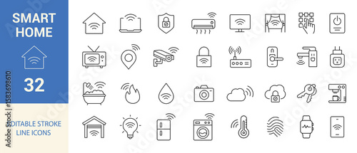 Smart Home Line Editable Icons Set. WiFi, Devices, Security, Lock, Light, Thermostat, Camera, Automation and More. Vector Illustration.