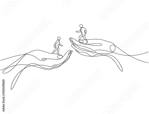 Conceptual Line Art of Hands Holding Tiny Figures – Support, Guidance, and Protection Theme