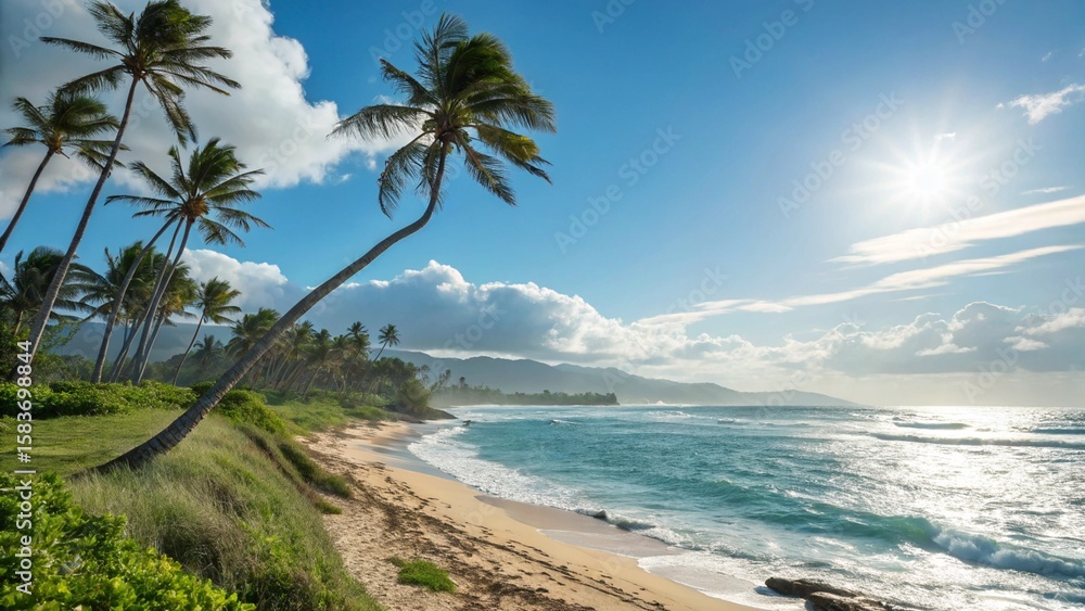 Fototapeta premium A tropical beach with swaying palm trees, crystal-clear ocean water, and soft sand creates a perfect island paradise for summer travel and relaxation