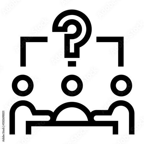 Icono de decisión en grupo. Análisis colectivo y dialogo. Personas debajo de un signo de interrogación. Ilustración vectorial