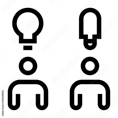 Icono de diversidad de pensamiento. Variedad de ideas y enfoques creativos. Personas y múltiples bombillas con estilos diferentes. Ilustración vectorial