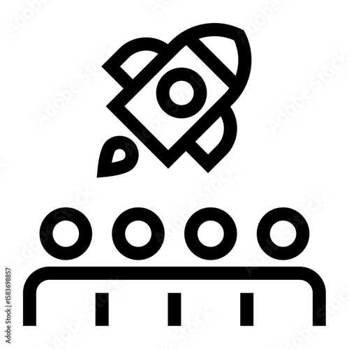 Icono de emprendimiento colectivo. Impulso grupal y trabajo en equipo. Personas debajo de un cohete despegando. Ilustración vectorial