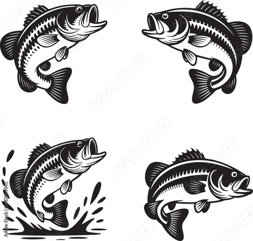 Set of Vintage bass Fish silhouette vector illustration isolated On Transparent Background