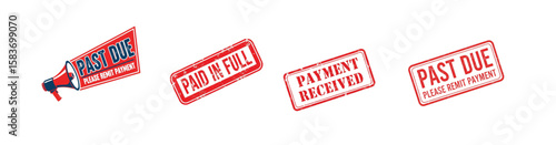 Payment Stamp Icon Set – Past Due, Paid, Received, Remit, Red Grunge Vector Collection