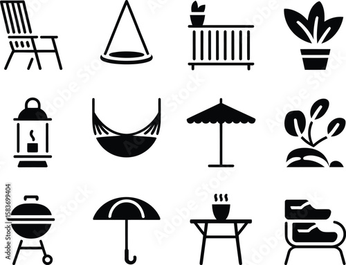 Collection of outdoor living and leisure icons in a simple black and white style
