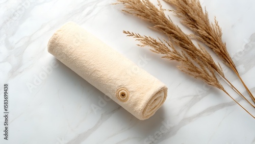 Cream Colored Rolled Towel with Beige Embroidery and Pampas Grass