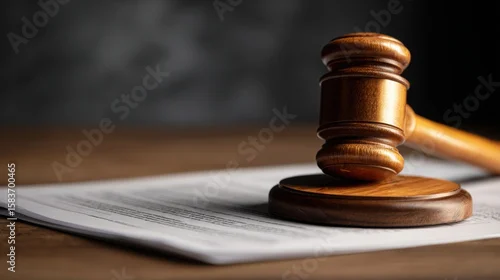 Obraz Wooden judge gavel resting on contract document symbolizing legal insurance, law enforcement, financial disputes resolution and official protection policies