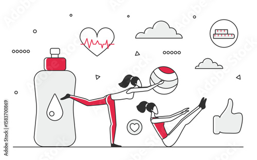 Ladies doing fitness exercises for healthy body state. Physical regular training and water consuming vector monocolor illustration