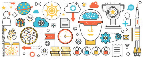 Business startup development and teamwork. Abstract rocket launch, process of new ideas growth with work of employees team, time management in infographic concept banner, thin line art design