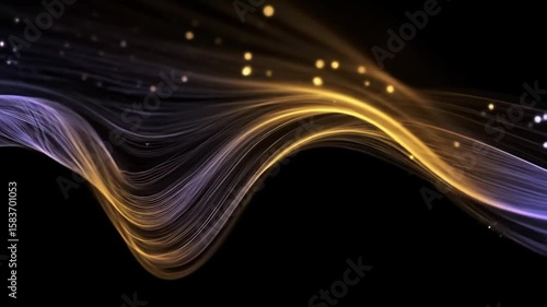 A wave of interwoven gold and purple strands flows across a black background, interspersed with small, sparkling dots.
