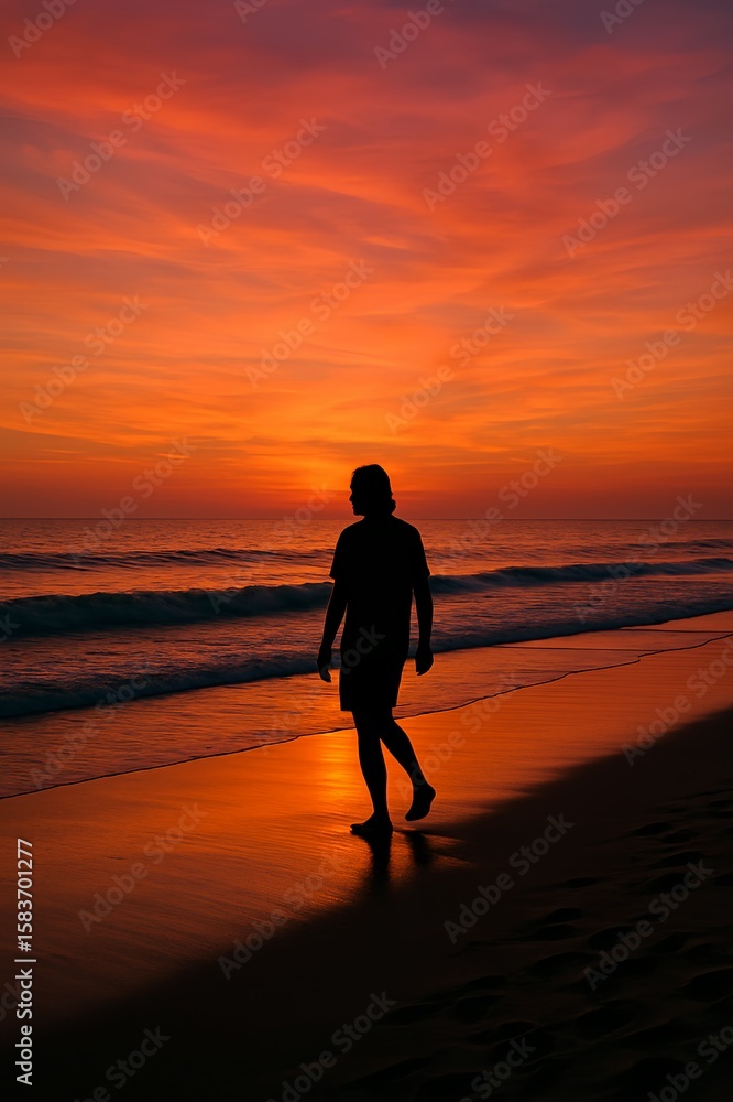 Silhouette of a Man Walking Alone on the Beach at Sunset Silhouette of a Man Walking Alone on the Beach at Sunset