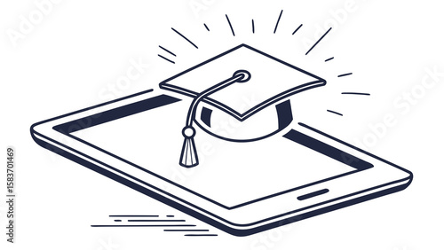 Dark Blue Tablet Graduation Cap Elearning Vector Minimalist Graphic