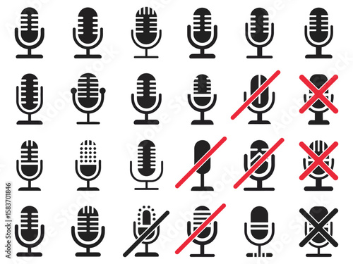 Microphone icons showing various on off statuses including mute, unmute, audio control, sound settings, digital technology