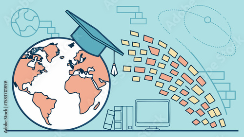 Pastel Globe Graduation Cap Notes Computer Books earth