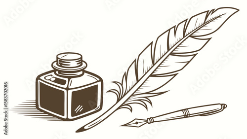 Vintage Inkwell Feather Quill Pen and Modern Pen Vector Illustration
