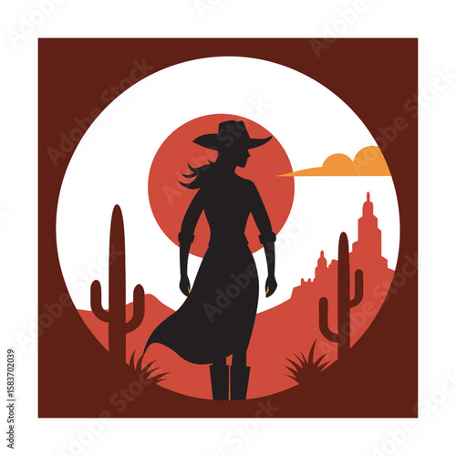 Cowgirl With Sunset Cactus Background Scene