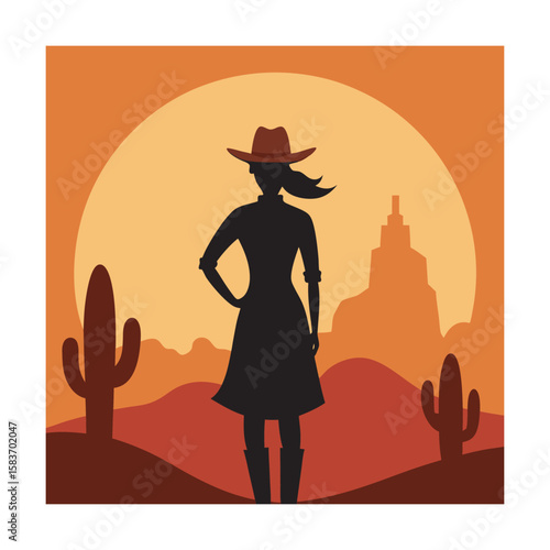 Sunset Cactus Scene With Cowgirl Silhouette