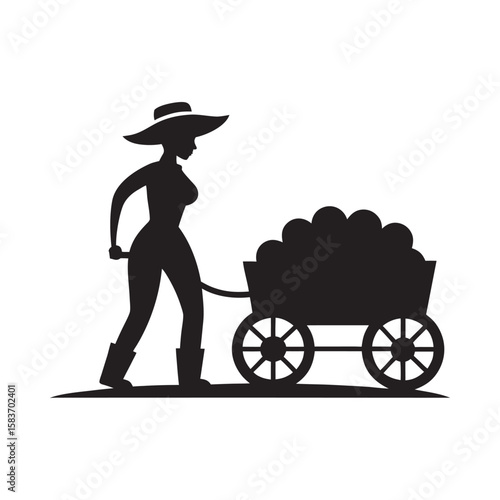 Farm Cowgirl Carrying Hay To Wagon