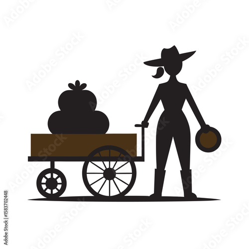 Cowgirl Loading Hay Onto Farm Wagon