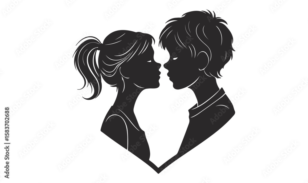 silhouette of a couple, Romantic Young Couple Kissing Heart Outline silhouette of a couple, Romantic Young Couple Kissing Heart Outline