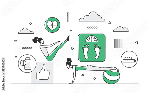 Healthy weight loss fitness activity program. Intensive physical activity for burning calories vector monocolor illustration