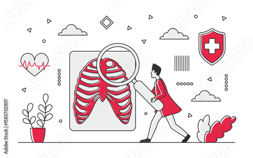 Medical body radiology test diagnosis. Hospital x ray equipment for chest investigation vector monocolor illustration