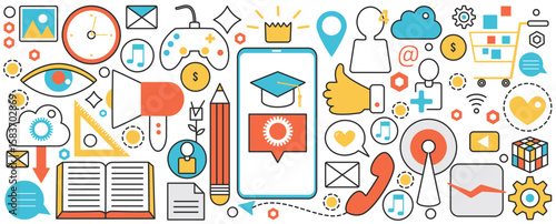 Smartphone app user technology. Mobile phone applications for online store, education and communication in social media with contacts, business in infographic concept banner, thin line art design