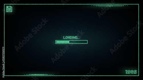 Retro pixel art green loading bar animation on a dark screen mimicking an old monitor. Vintage computer digital display with floppy disk icon, concept of data processing and nostalgia.