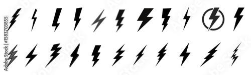 Lightning bolt vector icon set, black lightning icon designs on white background.