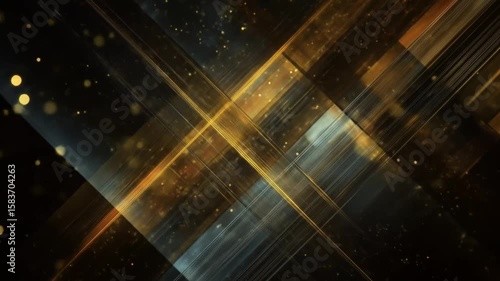 Diagonal gold and dark gray beams intersect against a black background with small, sparkling particles.