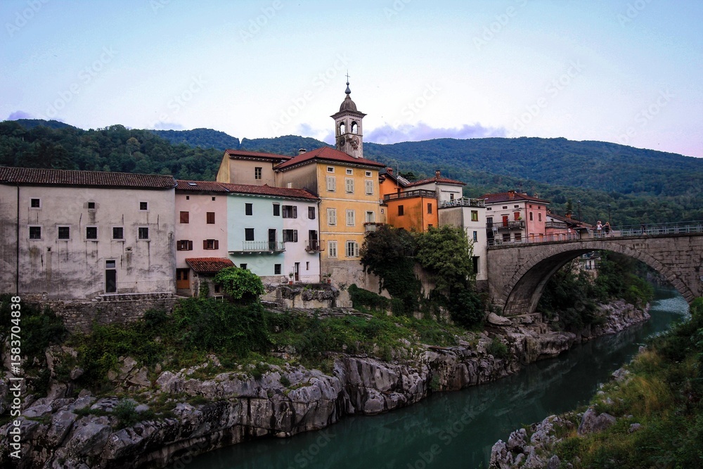 Fototapeta premium Kanal old town view by twilight, Slovenia