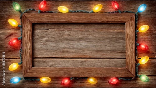Wooden frame with colorful Christmas lights on rustic planks background for festive decoration and greeting cards