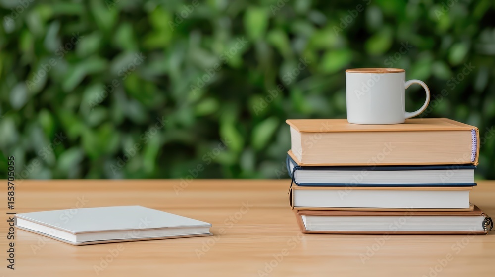 Fototapeta premium Cozy Workspace with Stack of Books and Cup on Wooden Table Surface