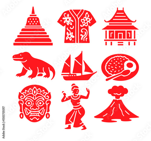 vector isolated red color indonesia traditional cultural symbols