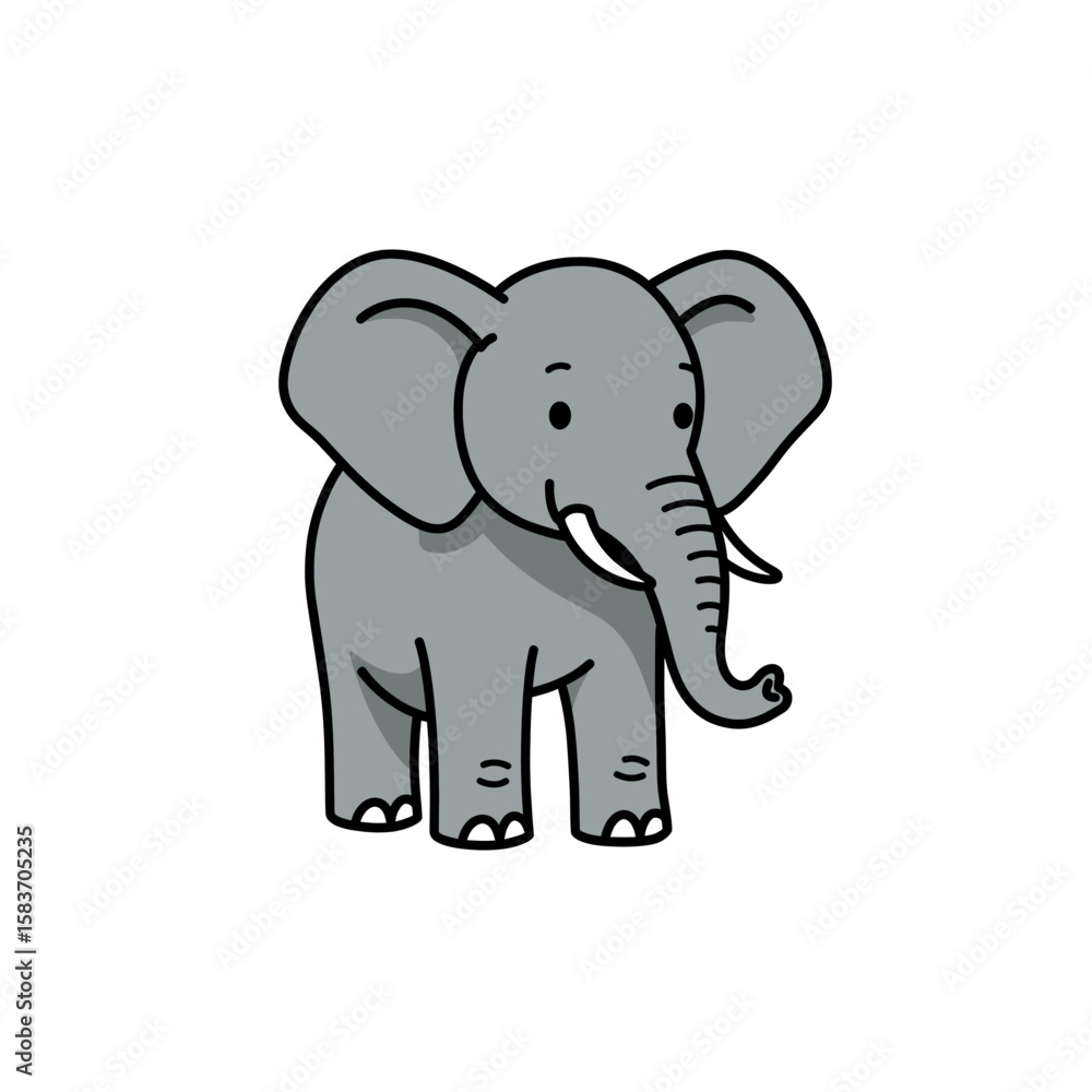 Fototapeta premium Adorable gray elephant drawing in flat style with clean black outlines and simple friendly look