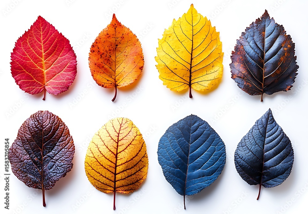 Fototapeta premium Collection of eight autumn leaves in vibrant red orange yellow and blue hues fall foliage