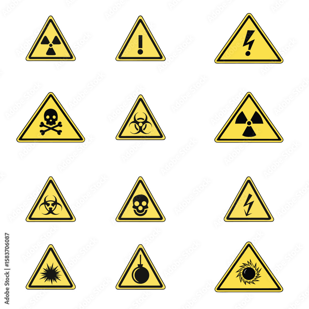 Collection of warning signs featuring hazard symbols on yellow triangles Collection of warning signs featuring hazard symbols on yellow triangles