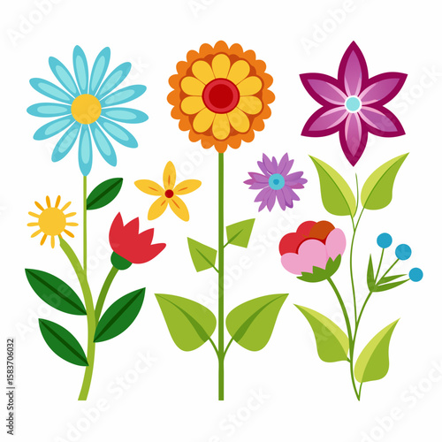 Collection of colorful cartoon flowers and plants isolated on white background