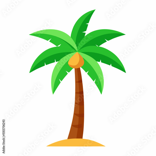 Stylized green palm tree with a single orange coconut isolated on white background