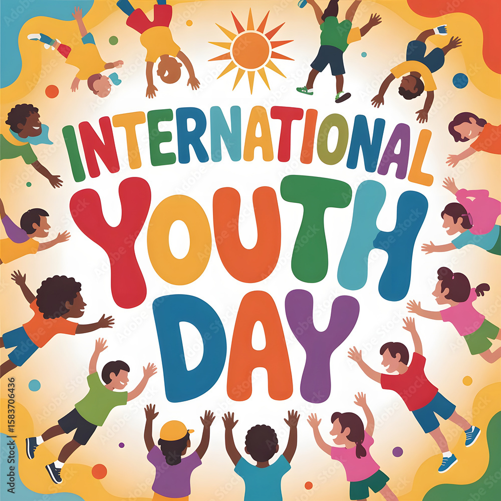 Fototapeta premium International Youth Day Poster with Diverse Children and Bright Colors