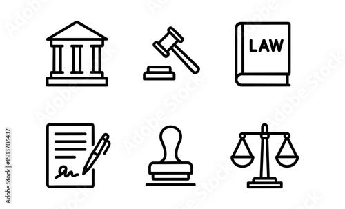 Legal icons set: court, gavel, law book, contract, seal, scales in linear style