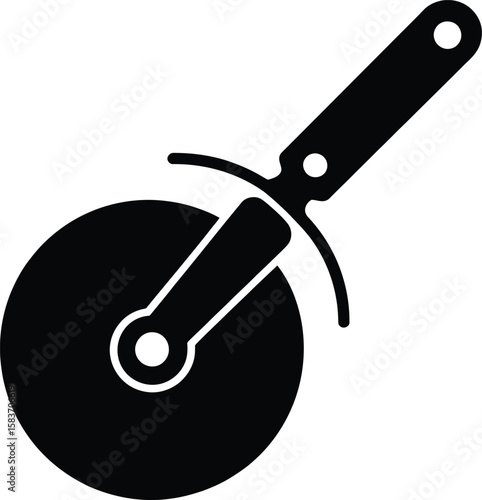 Simple black silhouette of a classic pizza cutter with a round blade
