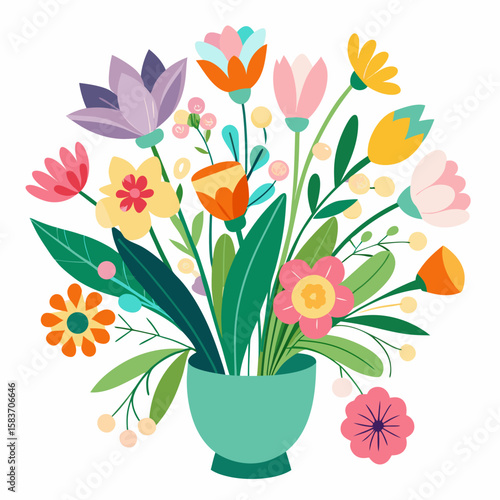 Colorful spring bouquet of flowers in a teal vase isolated on white background