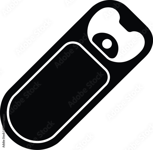 Simple black silhouette of a bottle opener on a white background