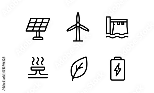 Renewable energy icons set: solar, wind, hydropower, biomass, eco, battery