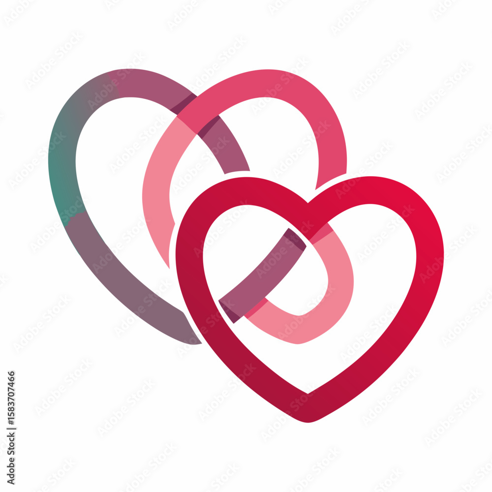 Obraz premium Three interlocking hearts in shades of pink and purple isolated on white background