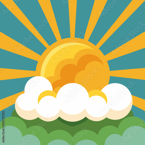 Stylized sun shining through clouds over green hills isolated on white background