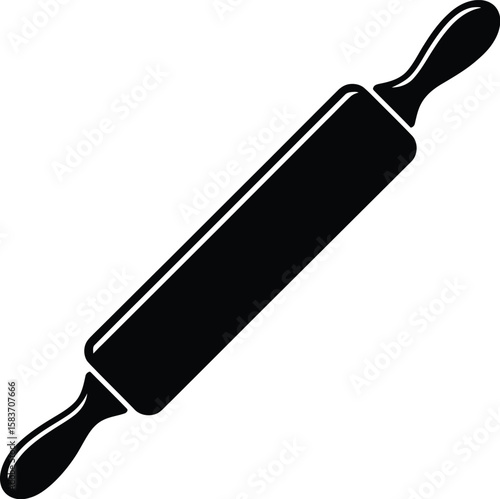 Simple black silhouette of a classic rolling pin on a white background